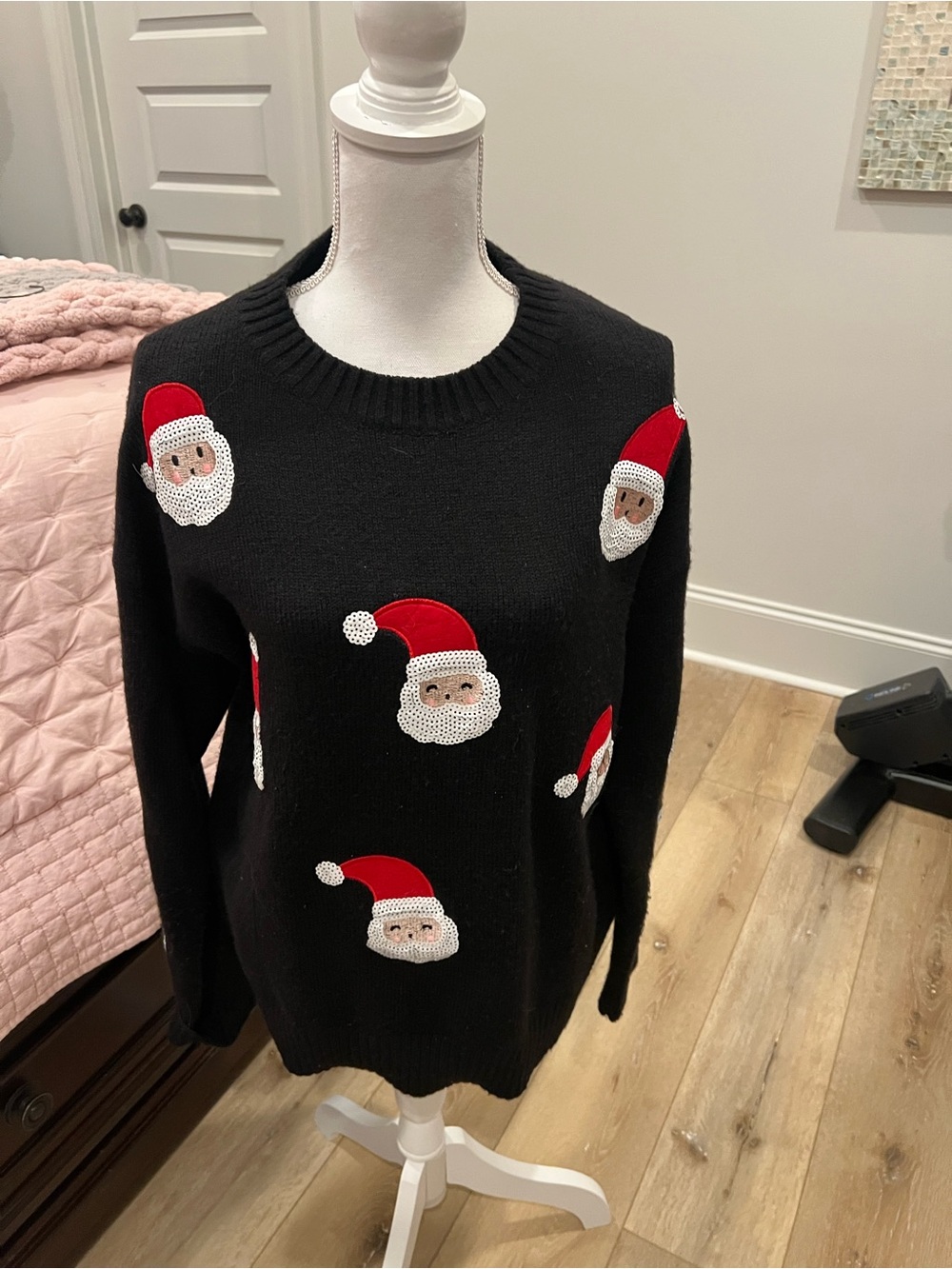 JK Designs Black Holiday Crewneck Sweater with Red & White Santa Appliqués